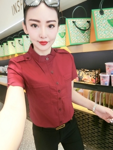 女士夏季 肩章職業(yè)氣質(zhì)襯衣百搭 純色短袖 大碼 襯衫 立領(lǐng)韓版 時尚 新款