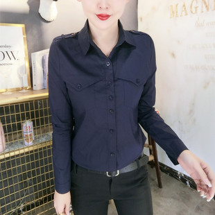 纯色衬衫 口袋长袖 女春秋装 韩版 气质衬衣百搭职业OL打底潮 新款 大码