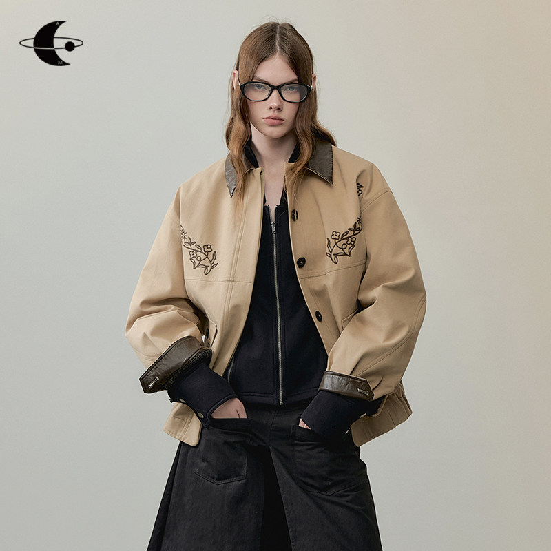 创世纪元【绣影倾风】外套女2025冬花卉刺绣宽松夹棉短款刺绣外套