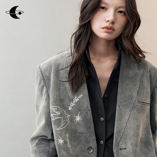 外套女2025新款 飞鸟刺绣宽松皮衣休闲小西装 幻羽星芒 创世纪元