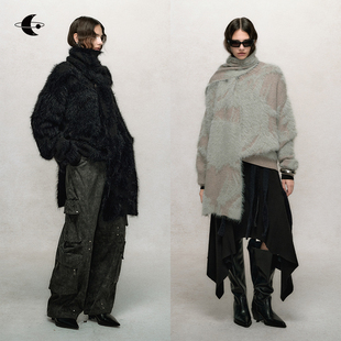 创世纪元 秋冬慵懒风宽松仿貂毛毛衣莫代尔圆领不规则提花针织衫