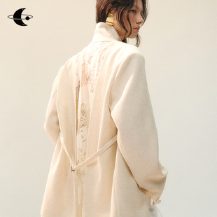 外套女高级感 2026简约宽松蕾丝拼接亚麻西装 创世纪元 云栖素境