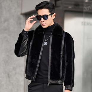 整貂水貂领短款 金貂绒皮草外套 夹克真皮皮衣男山羊皮皮毛一体冬季