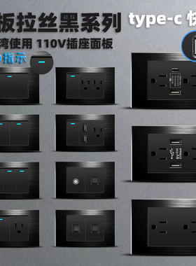 台标台湾110v插座118型USB+Type-c美式20W黑色面板墙壁开关铝拉丝