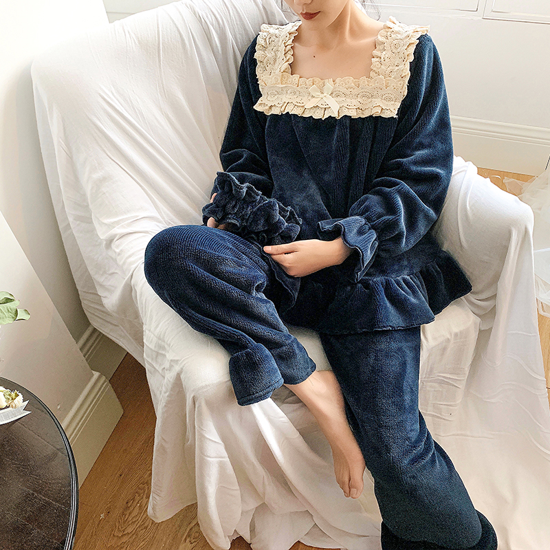 法式珊瑚绒女方花边裤装家居服