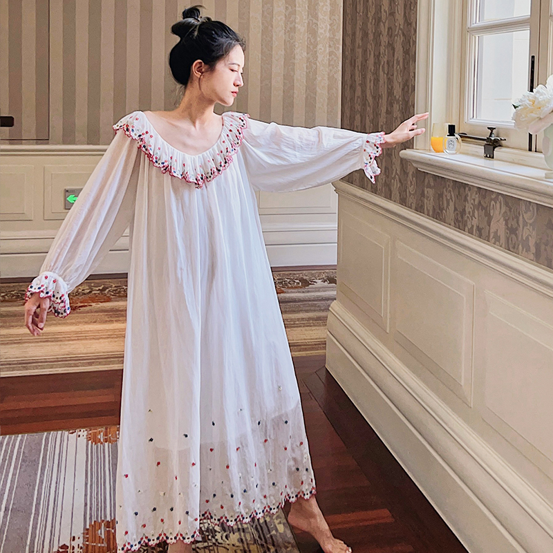 纯棉纱布春秋复古宫廷风长袖睡裙