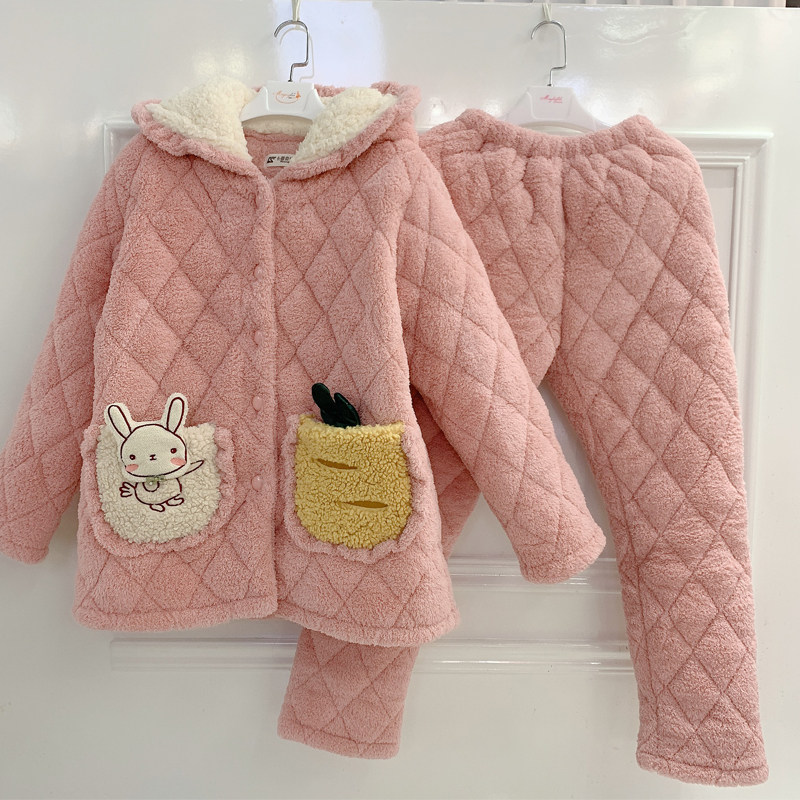 睡衣女冬季三层夹棉加厚套装法兰绒卡通加绒女可爱珊瑚绒保暖连帽