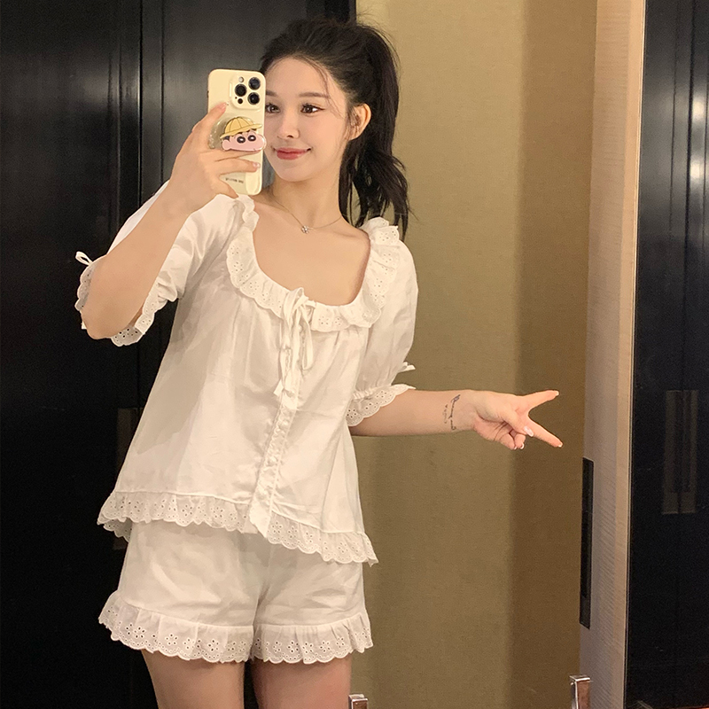 法式方领少女纯棉纱布蕾丝家居服
