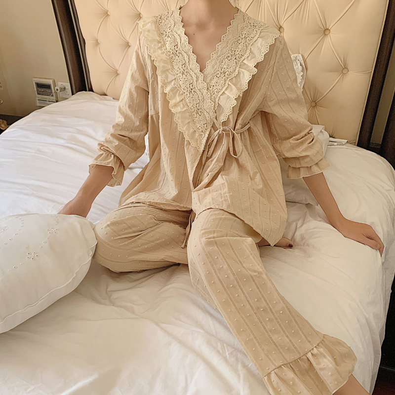 春秋纯棉长袖宫廷风系带甜美睡衣