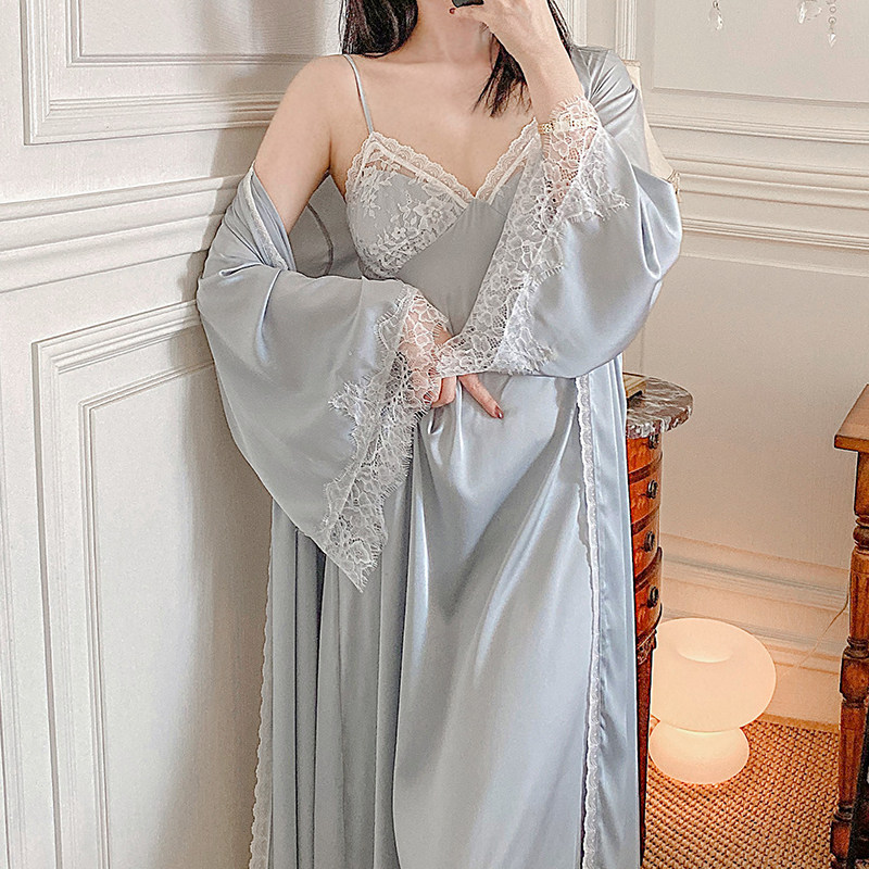 纯欲睡衣女春夏吊带长款睡裙冰丝性感丝绸蕾丝公主甜美睡袍两件套