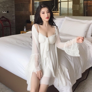 睡衣女秋性感睡裙两件套带胸垫吊带睡裙莫代尔网纱公主睡衣女睡裙