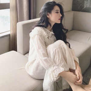 睡衣女春秋纯棉女士睡裙夏纯棉长袖裙宫廷风公主甜美家居服蕾丝冬