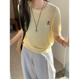 CC欧洲站2025早秋新款 女显瘦百搭减龄上衣潮 圆领刺绣针织衫 短袖