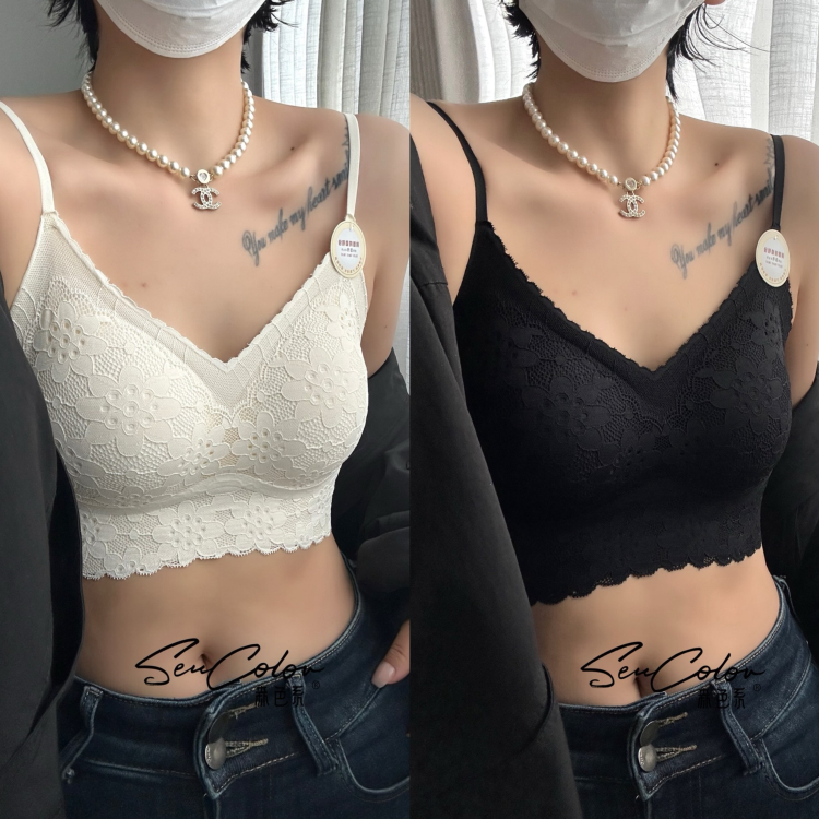黛美芮新品法式蕾丝透气聚拢乳胶固定杯小美背裹胸内衣森色系6213