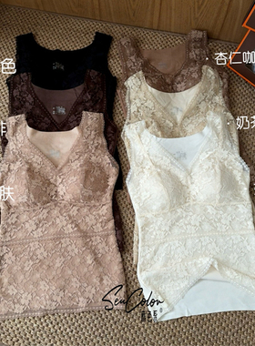 黛美芮秋冬修身性感蕾丝V领羊绒蛋白固定杯聚拢保暖小背心女5588
