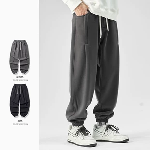 男潮牌宽松重磅美式 加绒加厚休闲长裤 灰色束脚卫裤 运动裤 子秋冬季