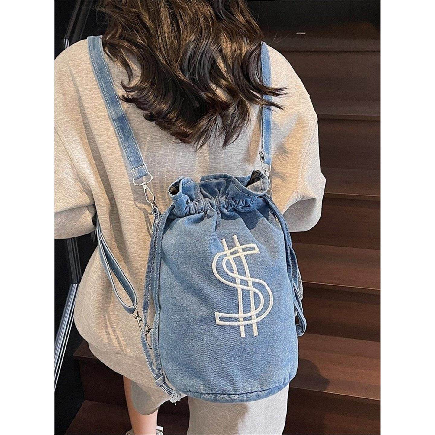 牛仔布抽绳水桶包包女包2025新款时尚百搭双肩包休闲大容量背包潮,箱包皮具/热销女包/男包,水桶包,淘宝优惠券,粉丝福利购,淘宝优惠卷