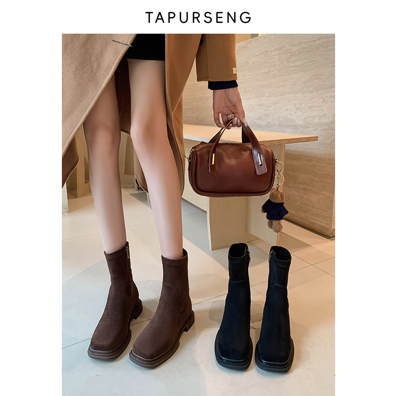 仆尔森TAPURSENG手工平跟短靴女春秋单靴黑色方头绒面弹力瘦瘦靴