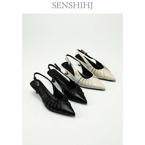 褶皱尖头后空包头凉鞋细跟高跟鞋