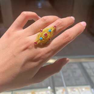 越南沙金宫廷风花丝彩宝戒指 女款气质疆土美学花丝楼兰指环批发