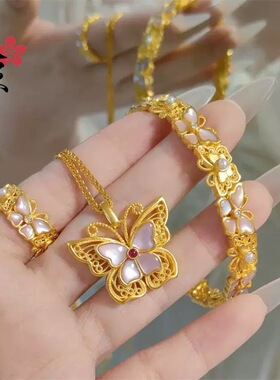 金店同款古法沙金繁花蝴蝶项链戒指手镯公主套装肖邦链厂家直销