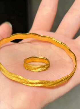 复古金色素圈绸缎拉丝手镯戒指套装女轻奢小众精致新款叠戴手饰