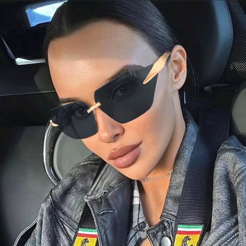 欧美复古大框切边墨镜男女潮个性金属方形无框太阳眼镜百搭凹造型