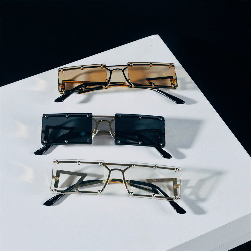 欧美复古无框方框切边墨镜时尚个性长方形连体太阳镜圆脸显瘦眼镜