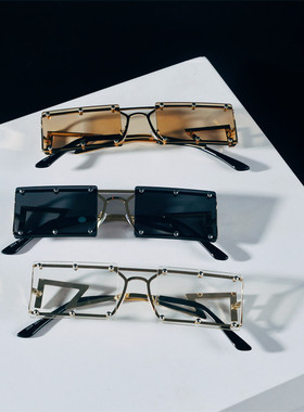 欧美复古无框方框切边墨镜时尚个性长方形连体太阳镜圆脸显瘦眼镜