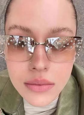 欧美复古镶钻切边长方形太阳眼镜