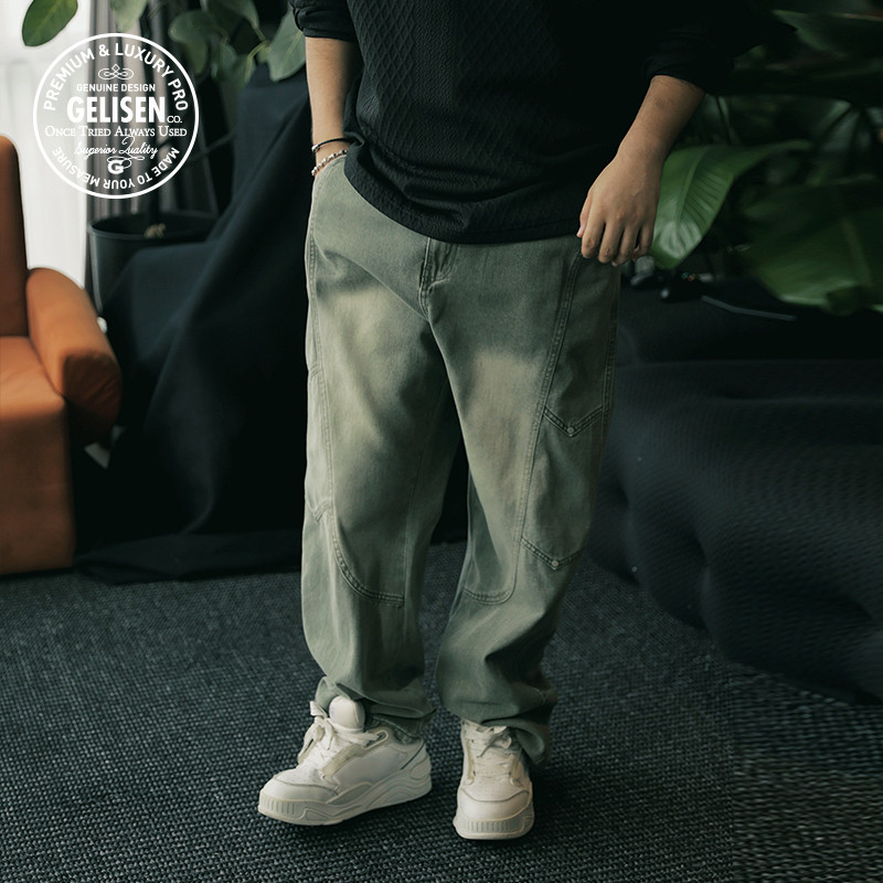 GELISEN格里森新款街头直筒宽松大码阔腿做旧结构休闲长牛仔裤