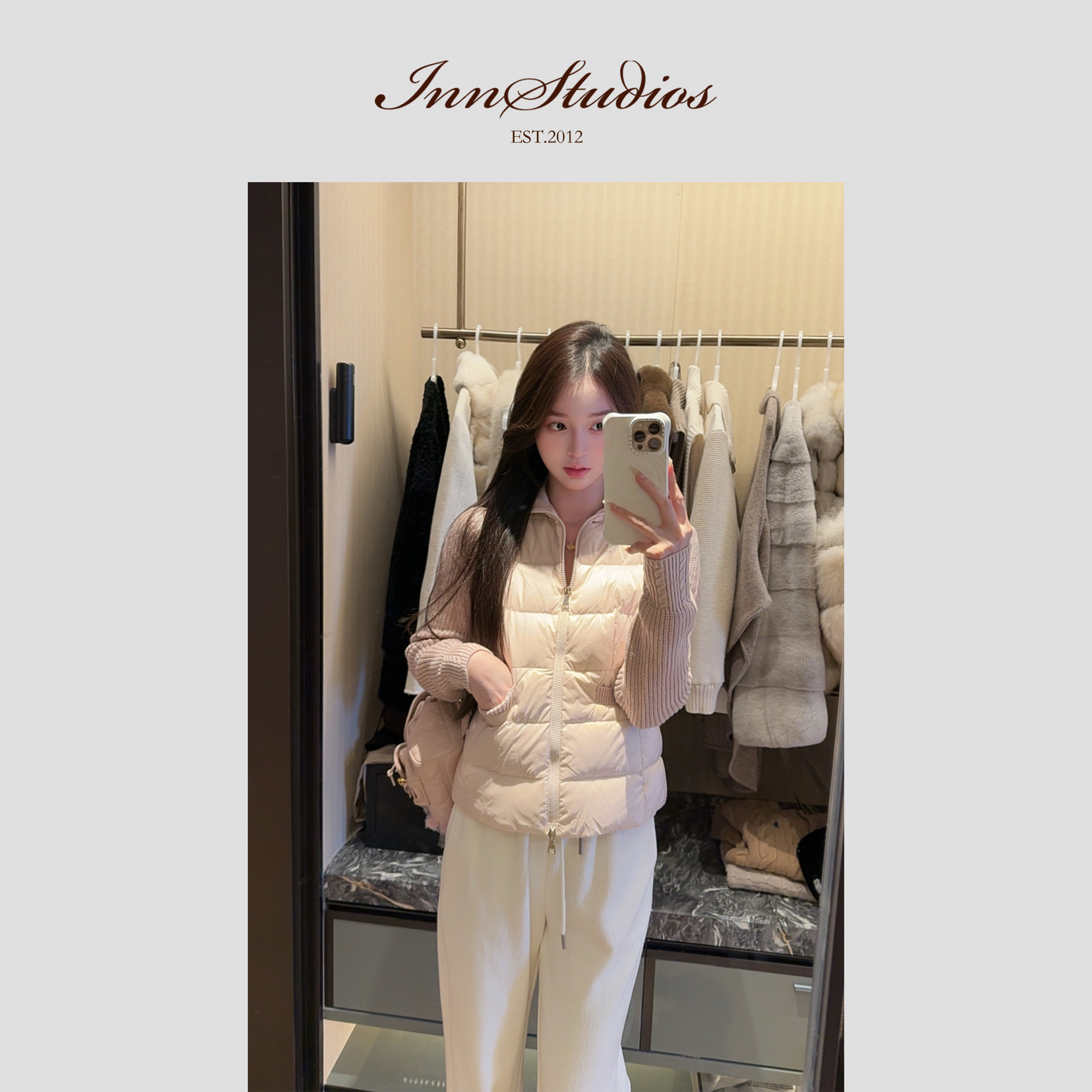 Innstudios 粉色拼接针织修身羽绒服外套,女装/女士精品,羽绒服,淘宝优惠券,粉丝福利购,淘宝优惠卷