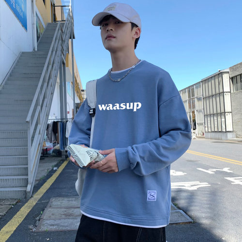 假两件蓝色长袖t恤港风男士卫衣