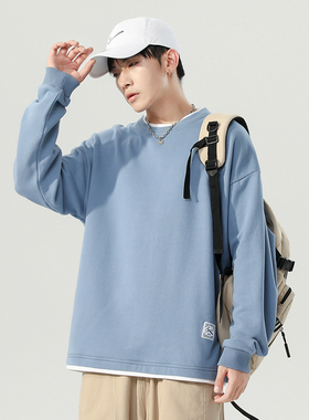 男士卫衣圆领春秋冬季加绒潮流sin假两件宽松内搭长袖t恤男装上衣