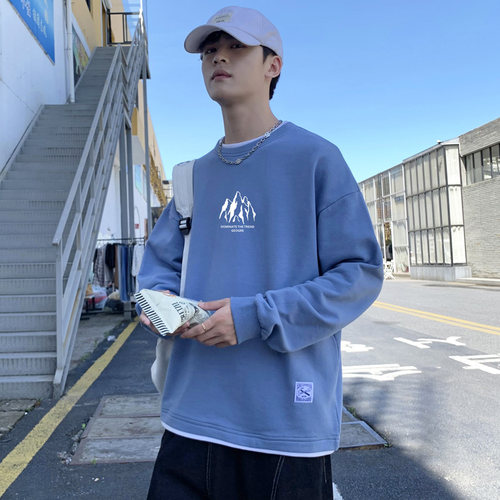 假两件痞帅上衣雪山印花套头衫男