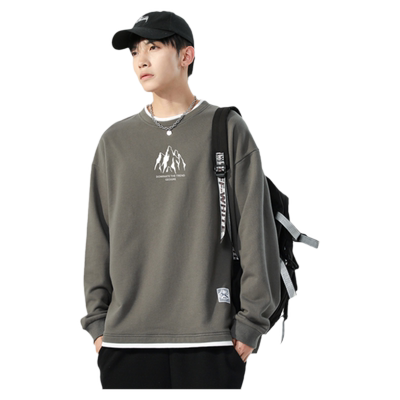 宽松加绒假两件男士卫衣雪山印花