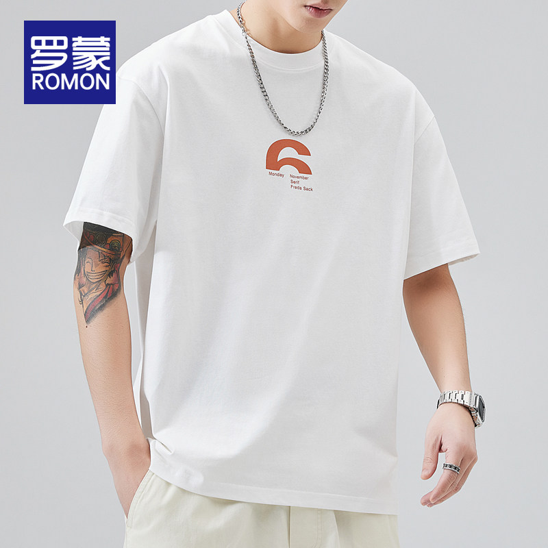 罗蒙潮牌t恤男2023新款短袖夏季上衣纯棉宽松白体恤半截袖打底衫