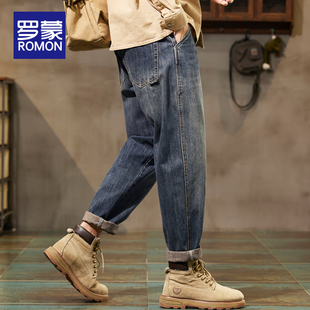 罗蒙牛仔裤男士潮牌直筒宽松2025春秋新款水洗工装男生锥形长裤子