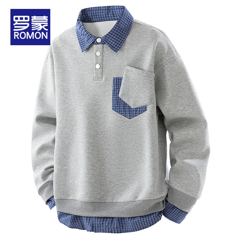 罗蒙衬衫领卫衣男2025新款假两件长袖t恤男生上衣宽松休闲外套男,男装,卫衣,淘宝优惠券,粉丝福利购,淘宝优惠卷