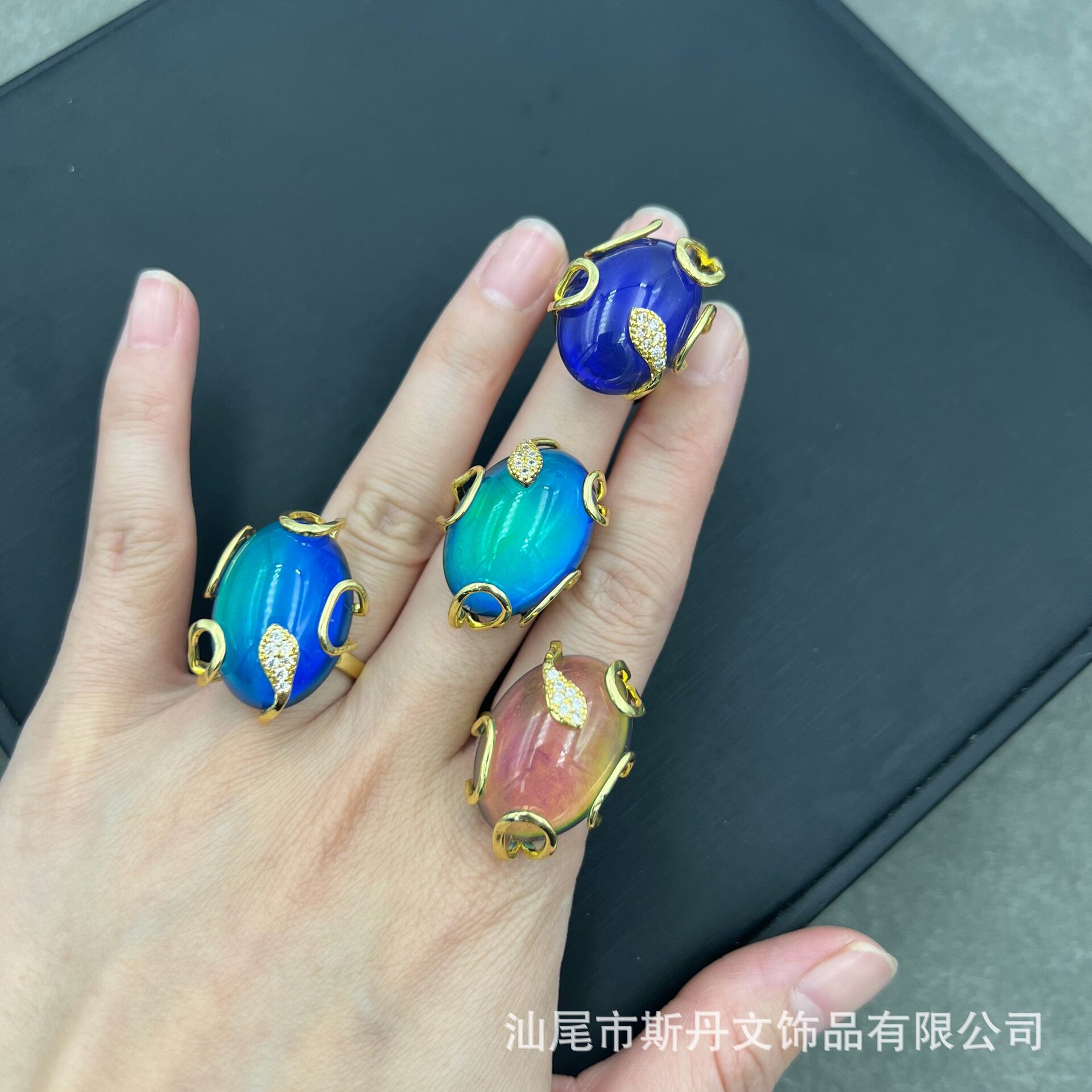 新款温感石变色石开口戒个性时尚欧美法式饰品小众轻奢温变石戒指