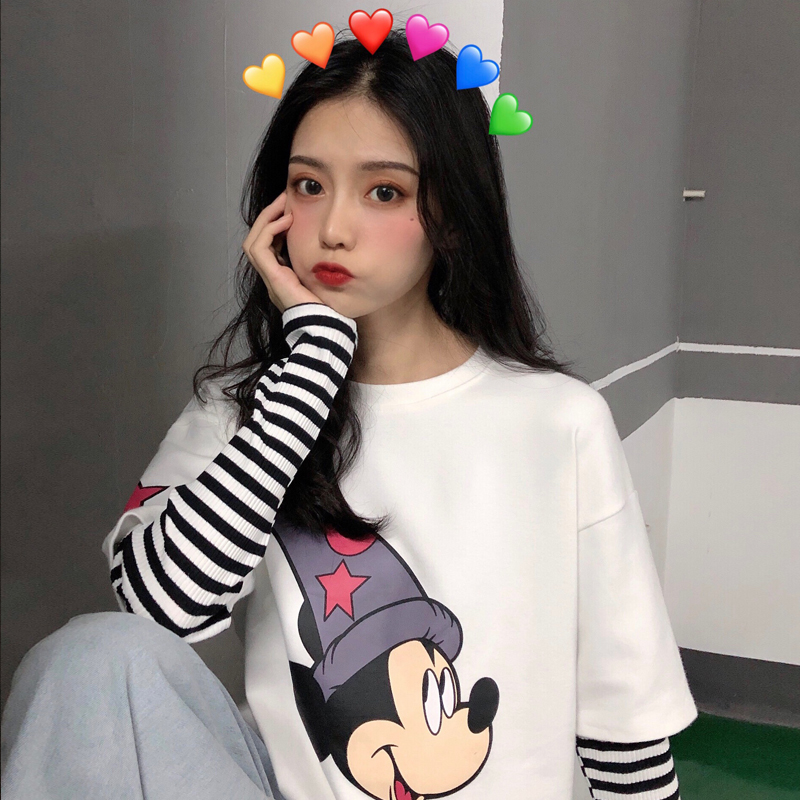 Real shot 6535 cotton pull frame fake two piece long sleeve T-shirt women's loose Korean Harajuku style thin top