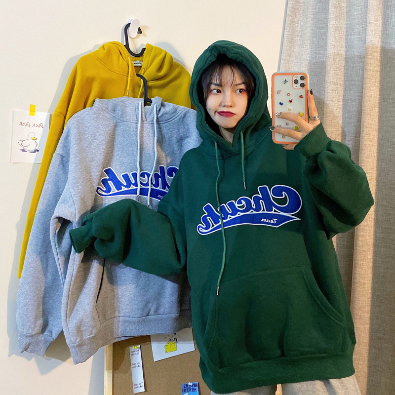 250g winter hooded sweater women's thickened medium length loose embroidered letter coat