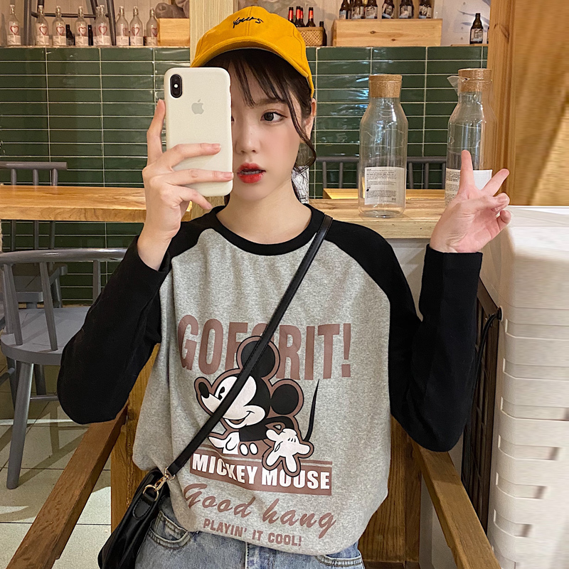 Real shot 6535 cotton pull frame fake two piece long sleeve T-shirt women's loose Korean Harajuku style thin top