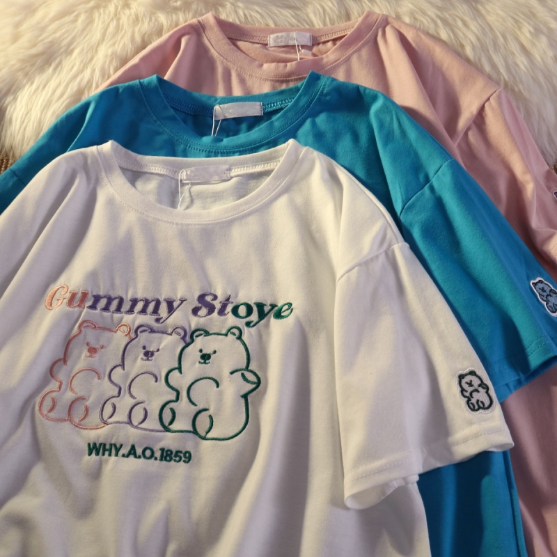 實拍實價短袖t恤女中長款刺繡