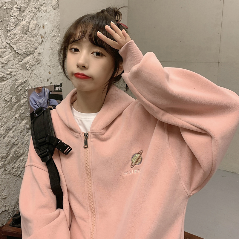 Real shot 250g star jacket Korean women's loose and lazy BF Plush thickened Baseball Jacket