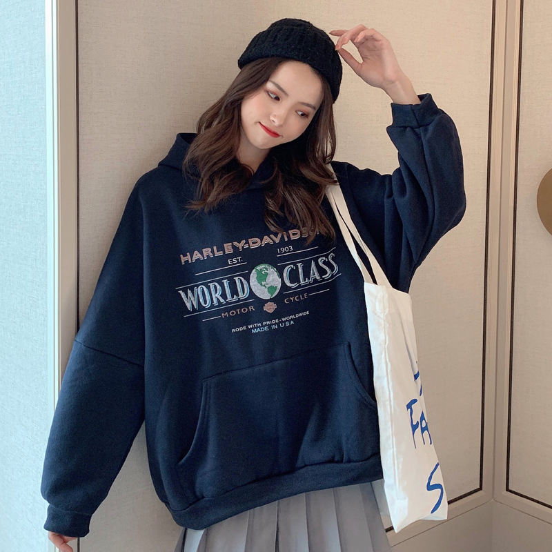 Real shot of 250g winter hooded sweater women's Plush down shoulder sleeve loose printed coat fashion