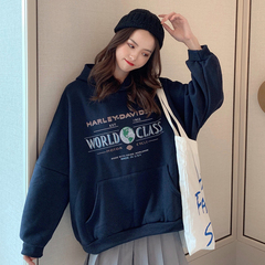 Real shot of 250g winter hooded sweater women's Plush down shoulder sleeve loose printed coat fashion