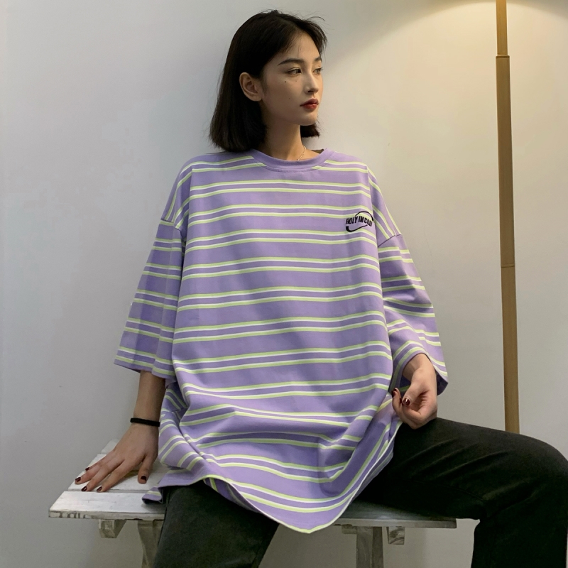 實拍實價短袖t恤女中長款條紋