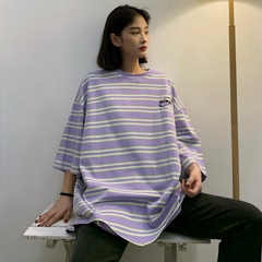 Real price short sleeve T-shirt women's mid long stripe