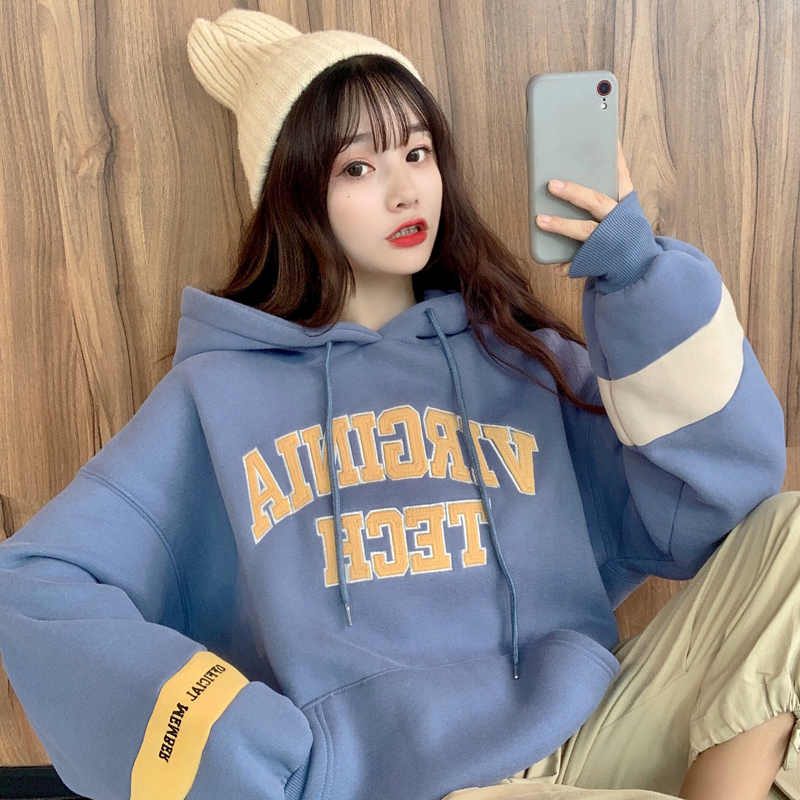 Real shot of 250g winter hooded sweater women's plush and loose stitching letter embroidery coat